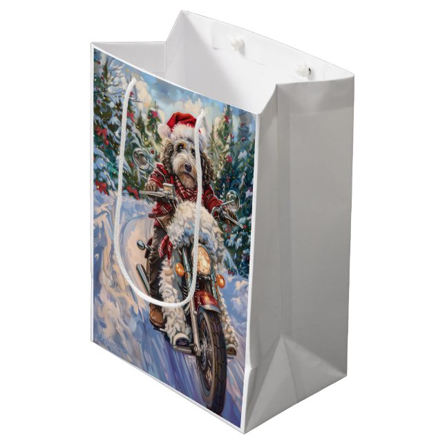 Bernedoodle Dog Riding Motorcycle Christmas Medium Gift Bag (Front Angled)