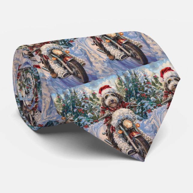 Bernedoodle Dog Riding Motorcycle Christmas Neck Tie (Rolled)