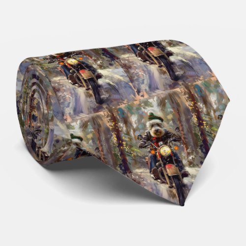 Bernedoodle Dog Riding Motorcycle Christmas  Neck Tie