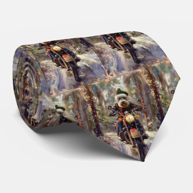 Bernedoodle Dog Riding Motorcycle Christmas  Neck Tie (Rolled)