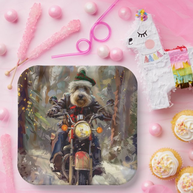 Bernedoodle Dog Riding Motorcycle Christmas  Paper Plates (Party)