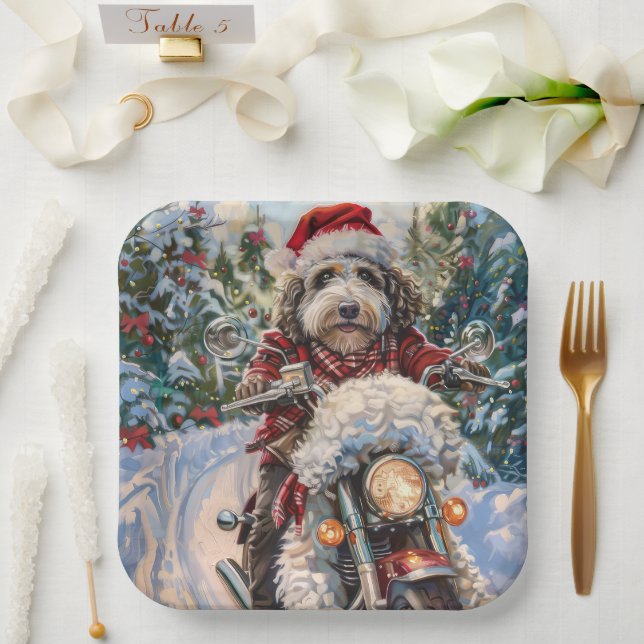Bernedoodle Dog Riding Motorcycle Christmas Paper Plates (Wedding)