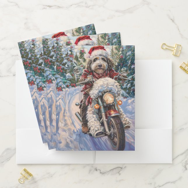 Bernedoodle Dog Riding Motorcycle Christmas Pocket Folder (In Situ)