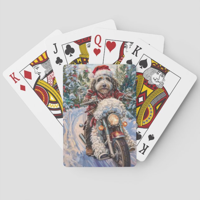 Bernedoodle Dog Riding Motorcycle Christmas Poker Cards (Back)