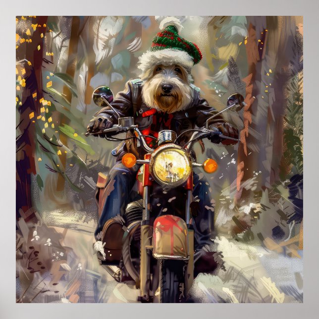 Bernedoodle Dog Riding Motorcycle Christmas  Poster (Front)