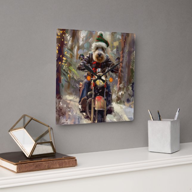 Bernedoodle Dog Riding Motorcycle Christmas  Square Wall Clock (Office)
