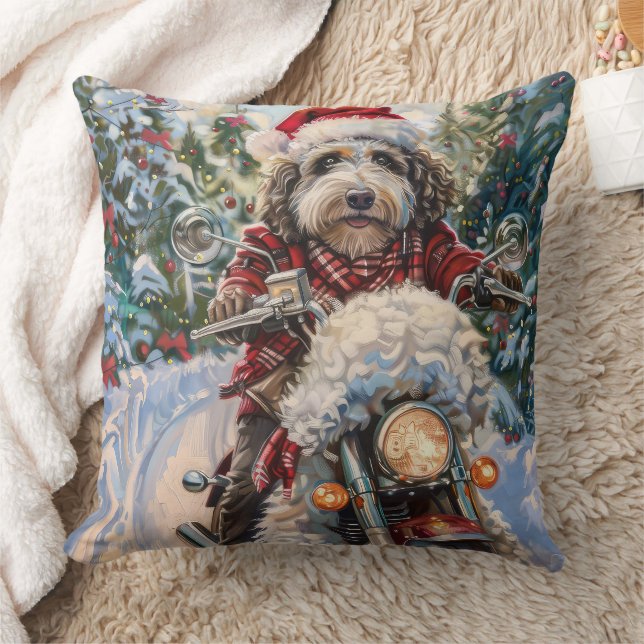Bernedoodle Dog Riding Motorcycle Christmas Throw Pillow (Blanket)