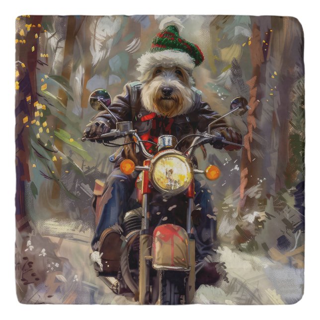 Bernedoodle Dog Riding Motorcycle Christmas  Trivet (Front)