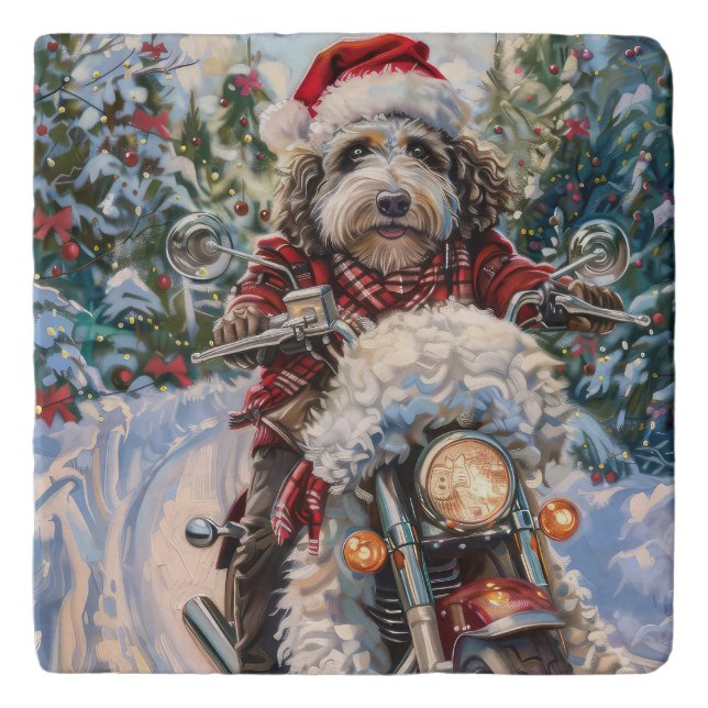 Bernedoodle Dog Riding Motorcycle Christmas Trivet (Front)