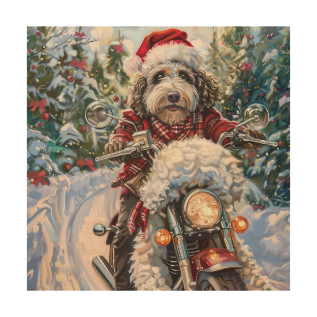 Bernedoodle Dog Riding Motorcycle Christmas Wood Wall Art (Front)