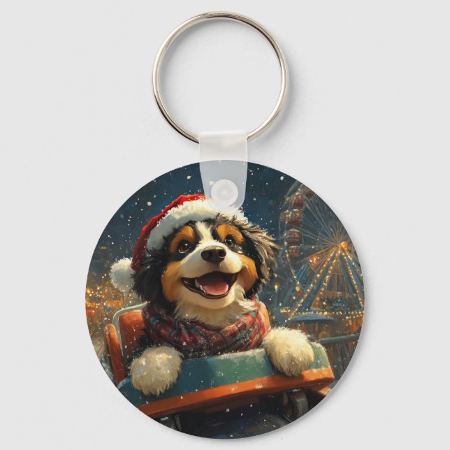 Bernedoodle Dog Roller Coaster Christmas  Keychain (Front)