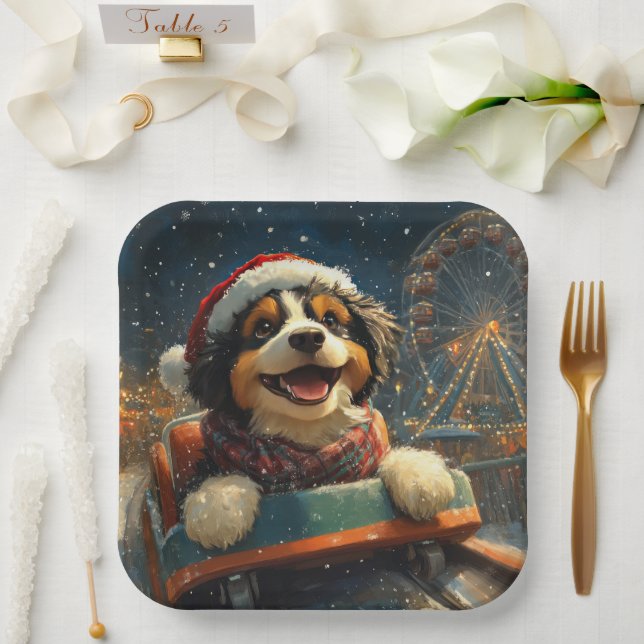 Bernedoodle Dog Roller Coaster Christmas  Paper Plates (Wedding)