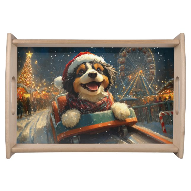Bernedoodle Dog Roller Coaster Christmas  Serving Tray (Front)