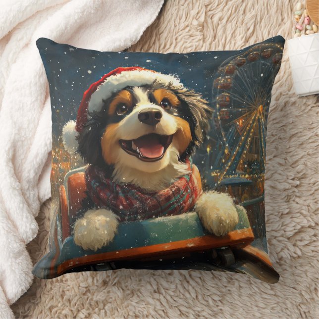 Bernedoodle Dog Roller Coaster Christmas  Throw Pillow (Blanket)