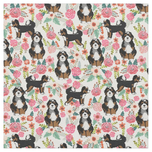 Bernedoodle dog vintage florals cream fabric (Close Up)