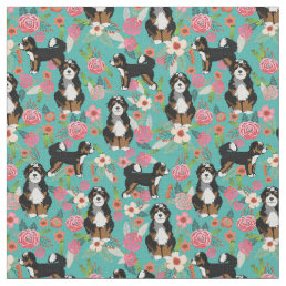 Bernedoodle dog vintage florals turquoise fabric
