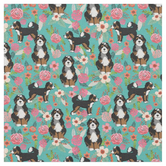 Bernedoodle dog vintage florals turquoise fabric (Close Up)