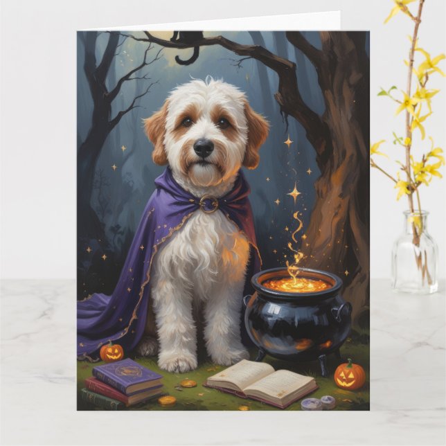 Bernedoodle Dog Whimsical Halloween Painting Card (Yellow Flower)