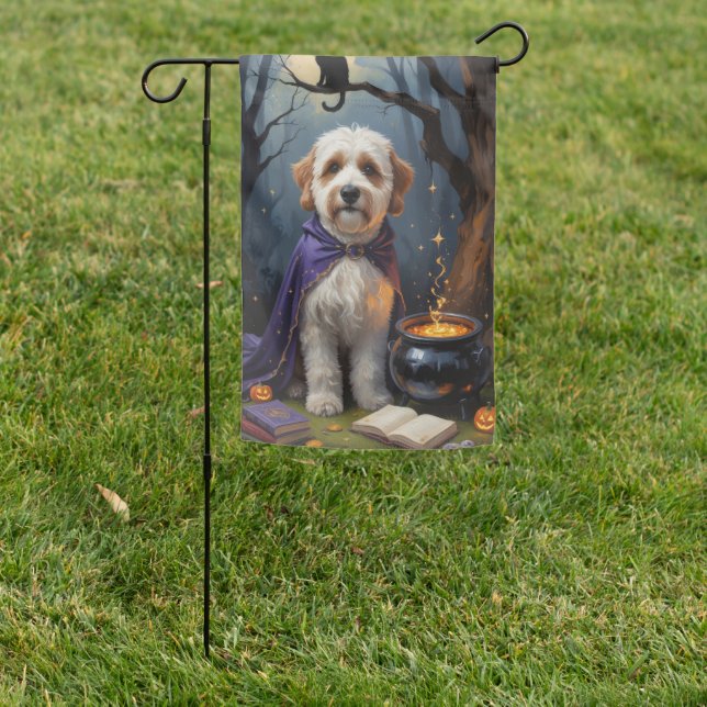 Bernedoodle Dog Whimsical Halloween Painting Garden Flag (In SItu)