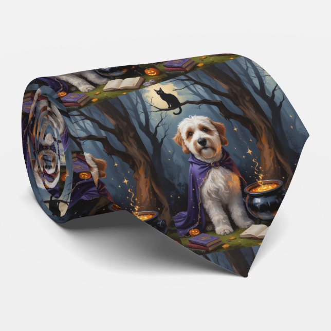 Bernedoodle Dog Whimsical Halloween Painting Neck Tie (Rolled)