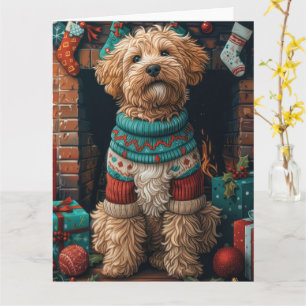 Bernedoodle Dog with Christmas Gifts Fireplace Card