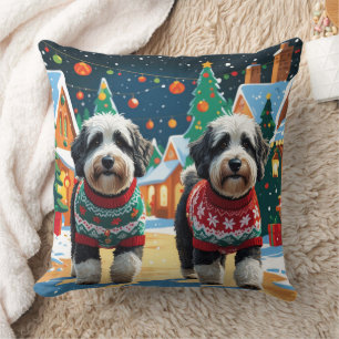Bernedoodle Dogs Christmas Snow Holiday Throw Pillow
