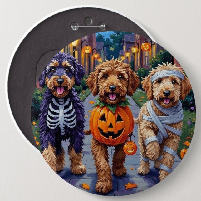 Bernedoodle Dogs Trick-or-Treating in Halloween Co Button (Front & Back)