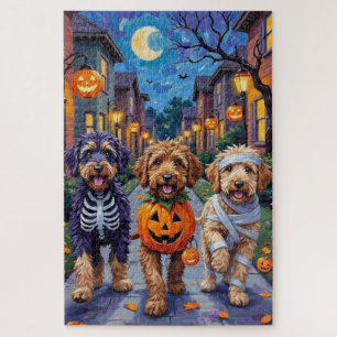 Bernedoodle Dogs Trick-or-Treating in Halloween Co Jigsaw Puzzle