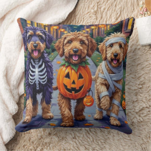 Bernedoodle Dogs Trick-or-Treating in Halloween Co Throw Pillow