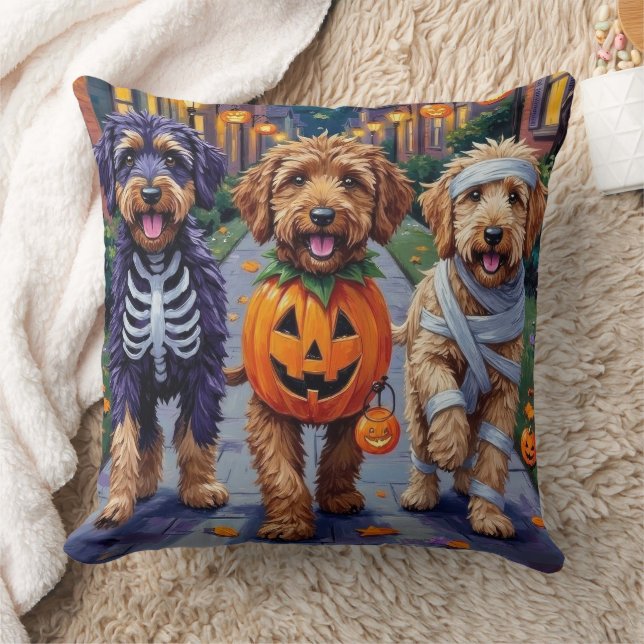 Bernedoodle Dogs Trick-or-Treating in Halloween Co Throw Pillow (Blanket)