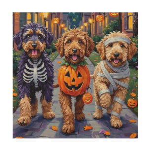 Bernedoodle Dogs Trick-or-Treating in Halloween Co Wood Wall Art