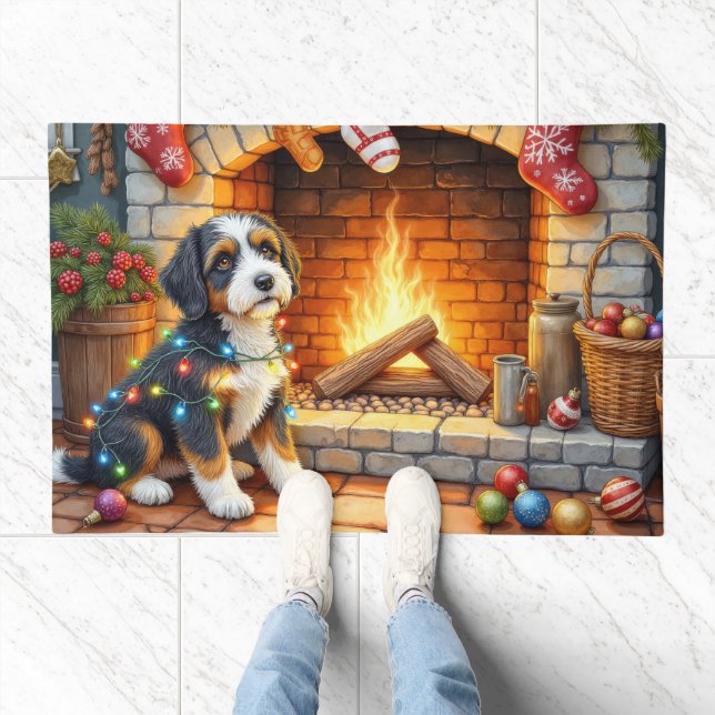Bernedoodle Fireplace with Christmas Lights Doormat (Indoor)
