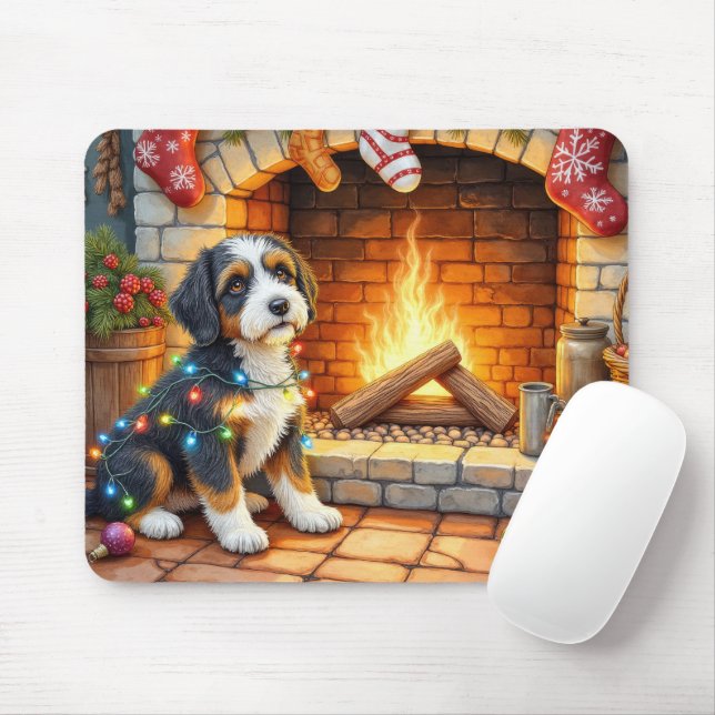 Bernedoodle Fireplace with Christmas Lights Mouse Pad (With Mouse)