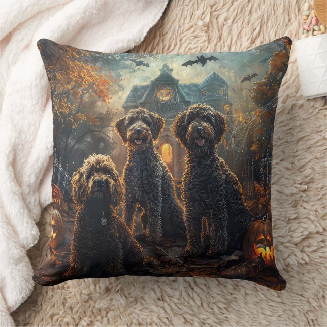 Bernedoodle Halloween Night Doggy Delight  Throw Pillow (Blanket)