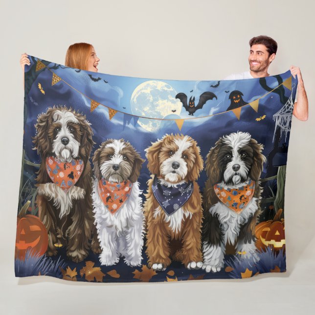Bernedoodle Halloween Spooky Fleece Blanket (In Situ)