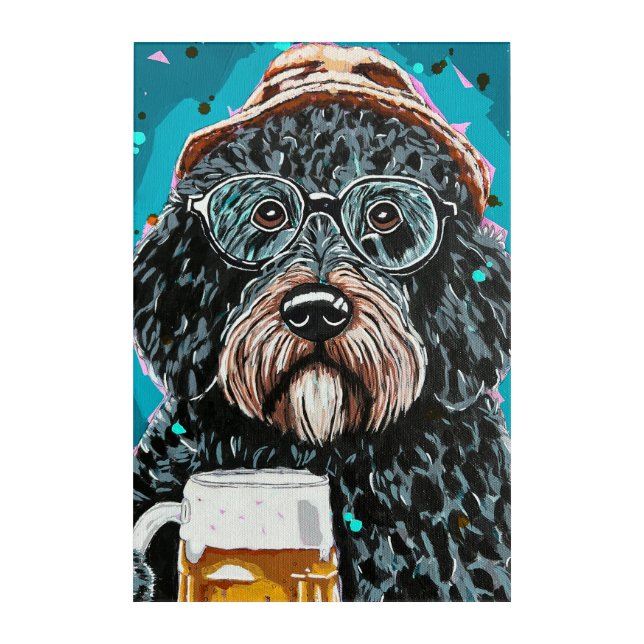 Bernedoodle holding a beer mug acrylic print (Front)