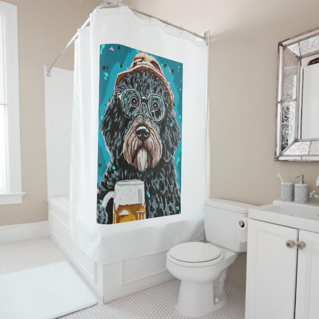 Bernedoodle holding a beer mug shower curtain (In Situ)