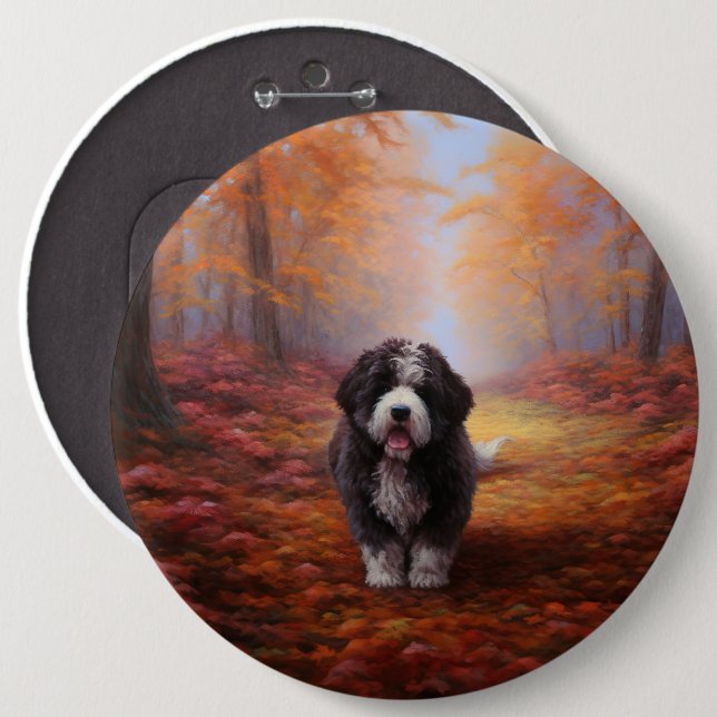 Bernedoodle in Autumn Leaves Fall Inspire  Button (Front & Back)
