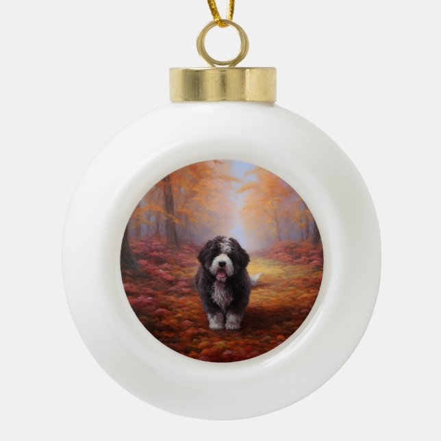 Bernedoodle in Autumn Leaves Fall Inspire  Ceramic Ball Christmas Ornament (Front)