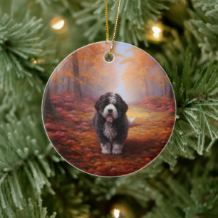 Bernedoodle in Autumn Leaves Fall Inspire  Ceramic Ornament