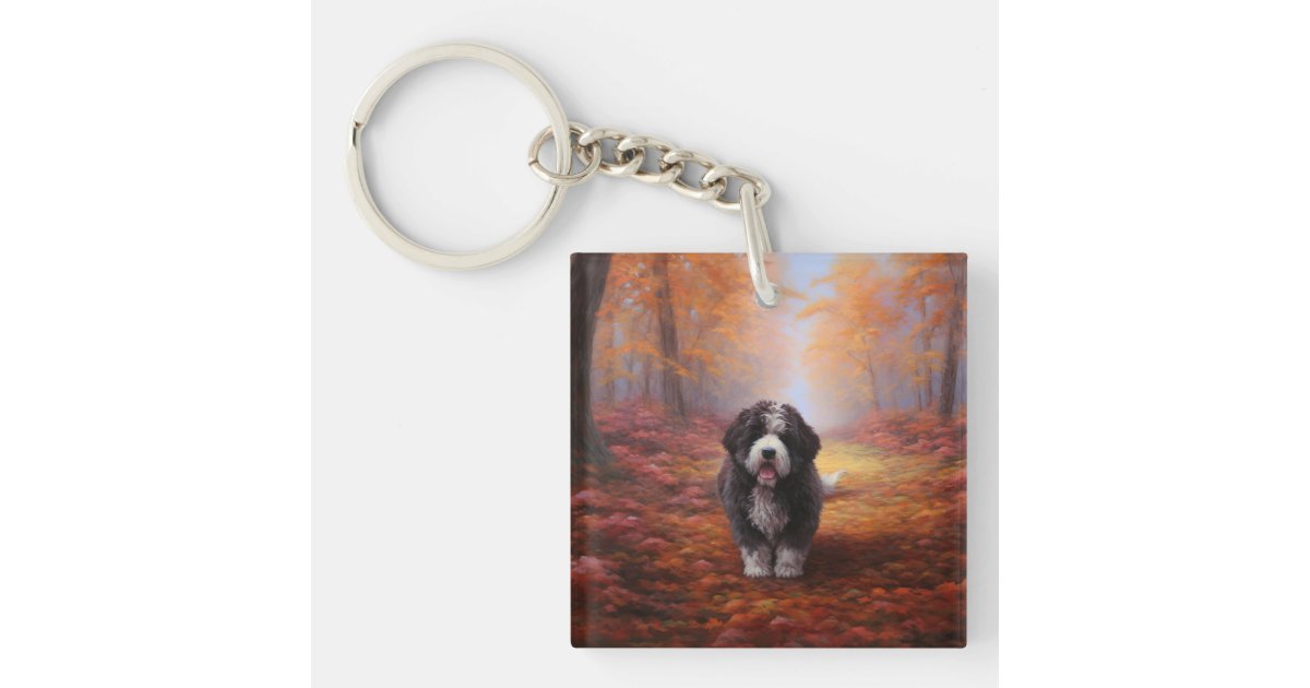 Bernedoodle in Autumn Leaves Fall Inspire Keychain Zazzle