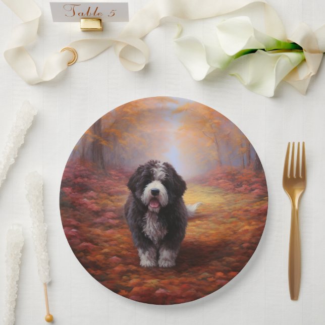 Bernedoodle in Autumn Leaves Fall Inspire  Paper Plates (Wedding)