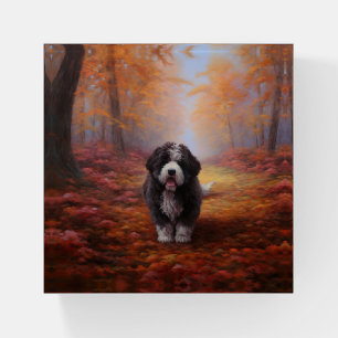 Bernedoodle in Autumn Leaves Fall Inspire Paperweight