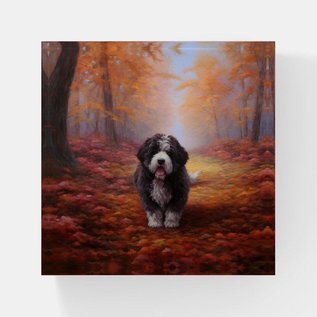 Bernedoodle in Autumn Leaves Fall Inspire  Paperweight (Front)