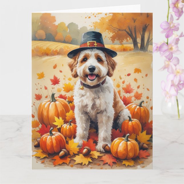 Bernedoodle In Autumn Leaves Thanksgiving Art  Card (Orchid)