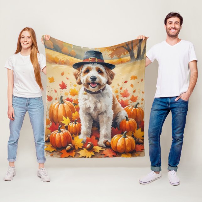 Bernedoodle In Autumn Leaves Thanksgiving Art  Fleece Blanket (In Situ)
