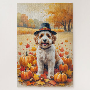 Bernedoodle In Autumn Leaves Thanksgiving Art Jigsaw Puzzle