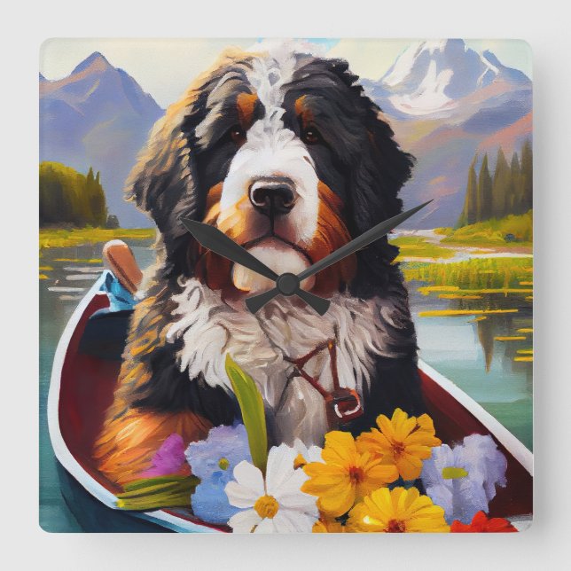 Bernedoodle on a Paddle: A Scenic Adventure Square Wall Clock (Front)