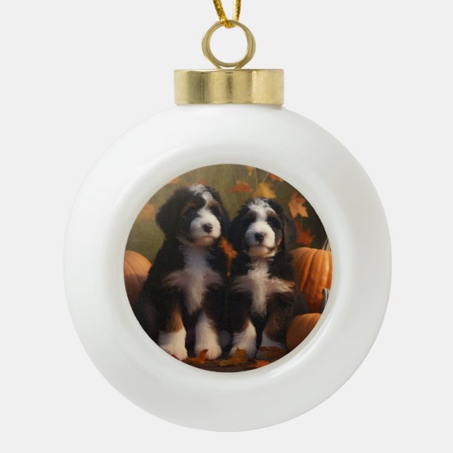 Bernedoodle Puppy Autumn Delight Pumpkin Ceramic Ball Christmas Ornament (Front)