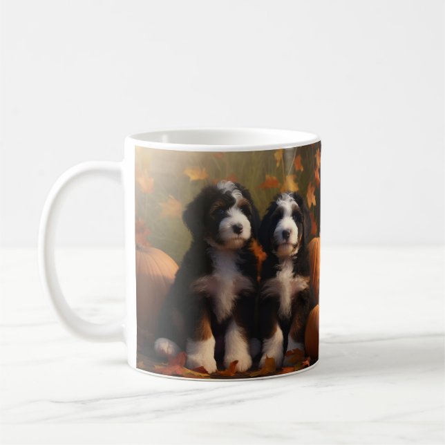 Bernedoodle Puppy Autumn Delight Pumpkin Coffee Mug (Left)